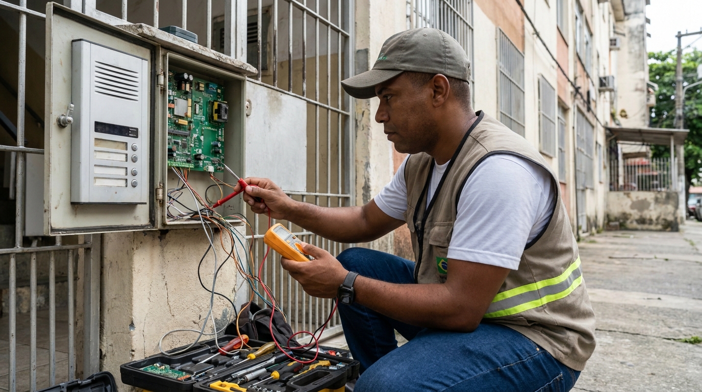 Eletricista consertando interfone em Cascavel‑PR
