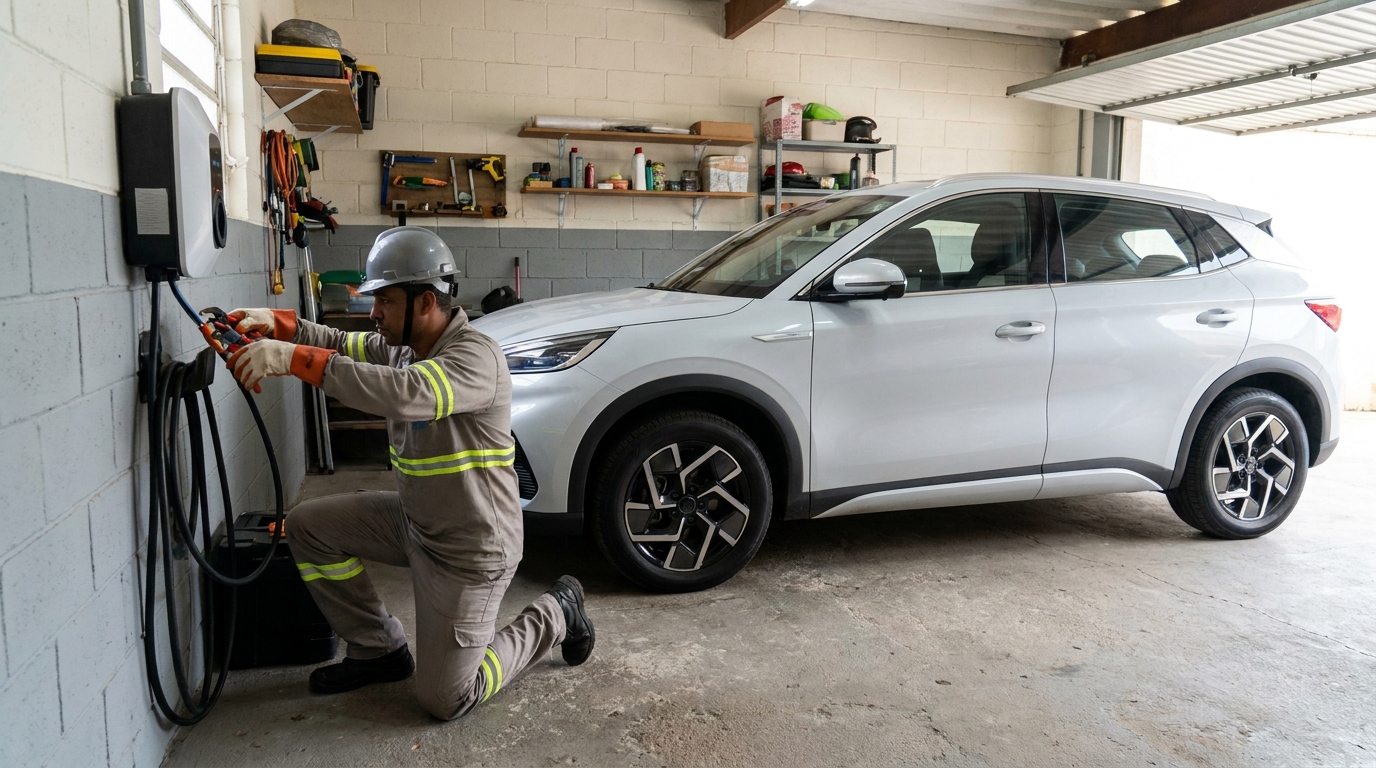 Eletricista instalando carregador de carro eletrico em Cascavel‑PR