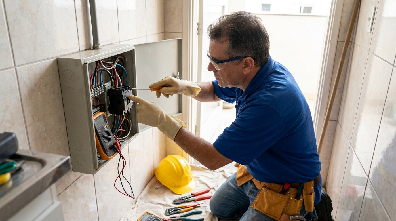 Eletricista instalando disjuntor em Cascavel‑PR