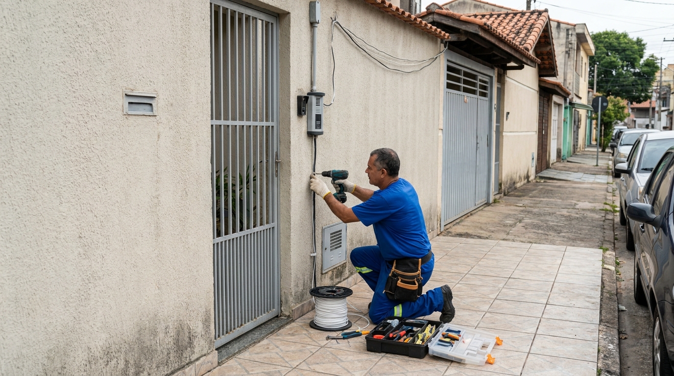 Eletricista instalando interfone em Cascavel‑PR