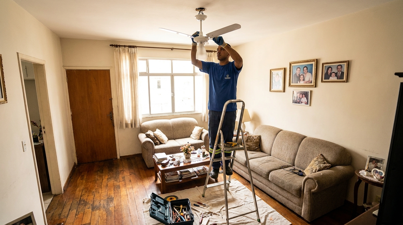 Eletricista instalando ventilador de teto em Cascavel‑PR
